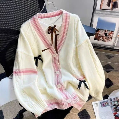 xsrrr Sweet Bow Knitted Cardigans Y2k Aesthetic All Match Contrast Color Coats Fashion Single Breasted Women Kawaii JK Sweaters Jumper