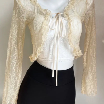 xsrrr Shirts Women Lace New Summer Sunscreen French Style Cropped Designed Sweet Gentle Elegant Office Lady Sexy Popular Chic Vintage