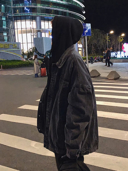 Black Denim Jacket Men's Autumn Handsome High Street Retro Big Pocket Tooling Coat Hong Kong Style Oversize Jeans Top