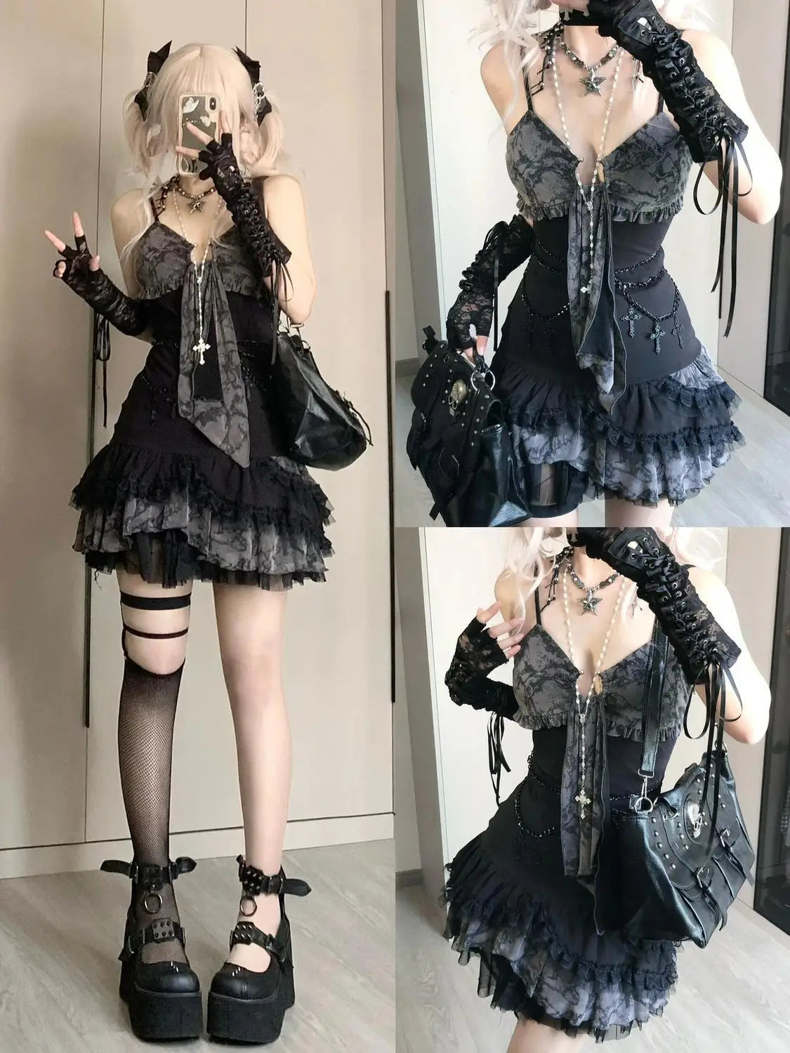 Goth Summer Sexy Dress Women Clothes Punk Streetwear Lace Sling Black Dark Slim short Dresses Hot Girl High Waist Y2k Mini Dress