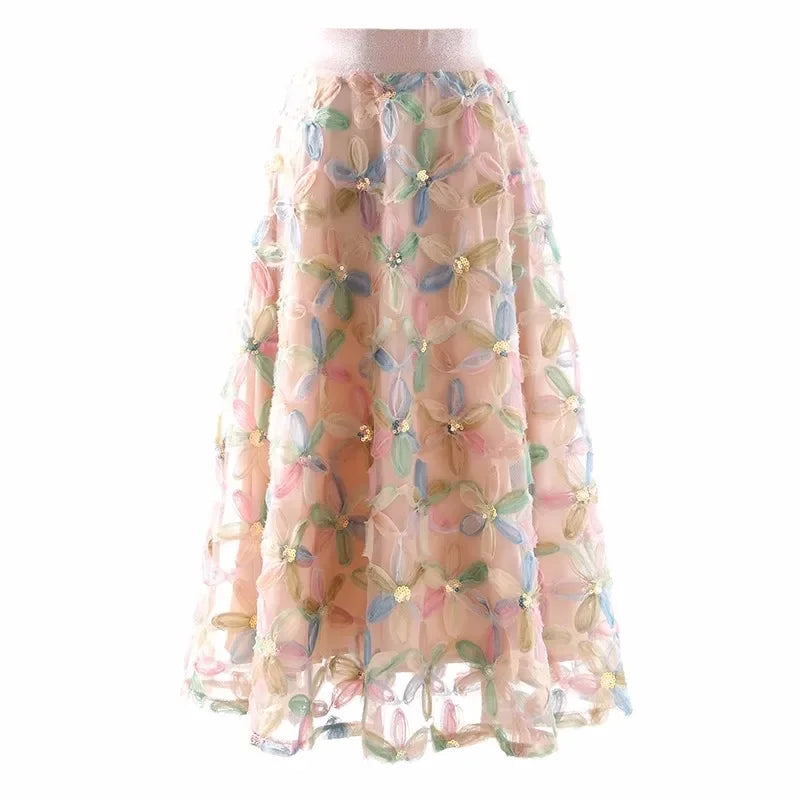 xsrrr Vintage Beading 3D Floral Tulle Long Skirt Women Summer Elegant Elastic High Waist A Lien Pleated Skirts Female Faldas Aesthetic