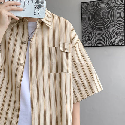 Half Sleeve Shirts Men Casual Stripe Shirts Streetwear Oversize Blouses Single Breasted Male Clothing Harajuku Summer