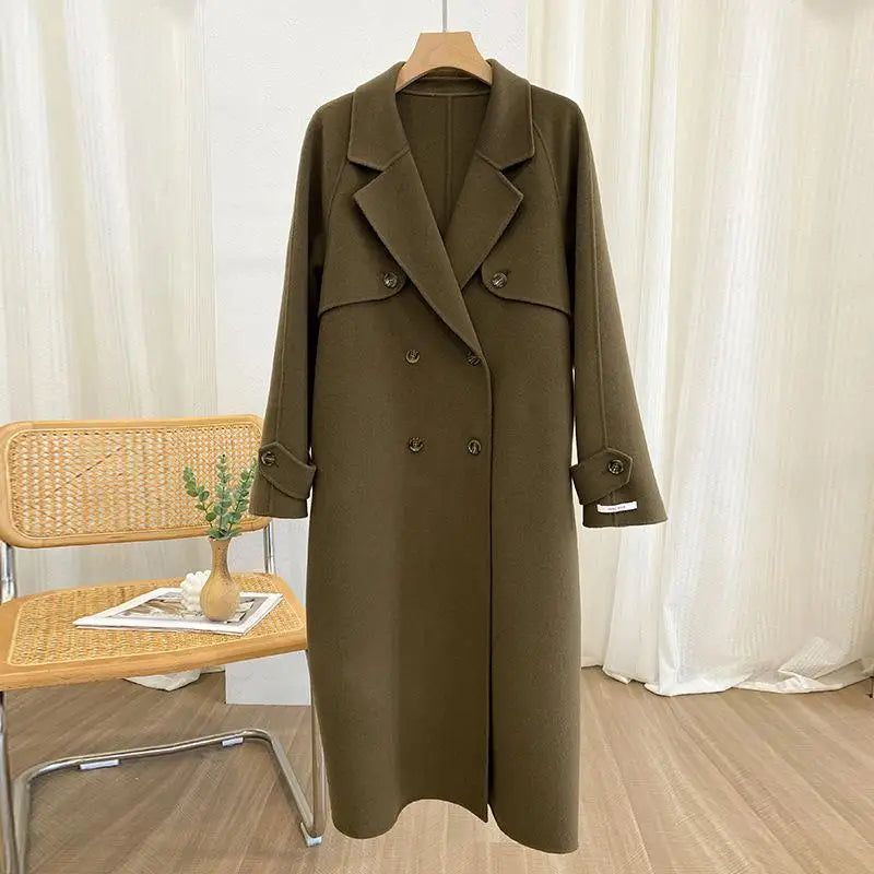 xsrrr Korean Style Fall And Winter Double Breasted Long 100% Wool Coats Women Handmade Suit Collar Loose Lace Up Woolen Jackets