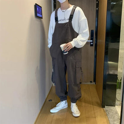 Suspenders Jumpsuit Pants Men Summer Overalls Japanese Loose Straps Casual Pockets Unisex Oversize Streetwear Solid Man Clothing