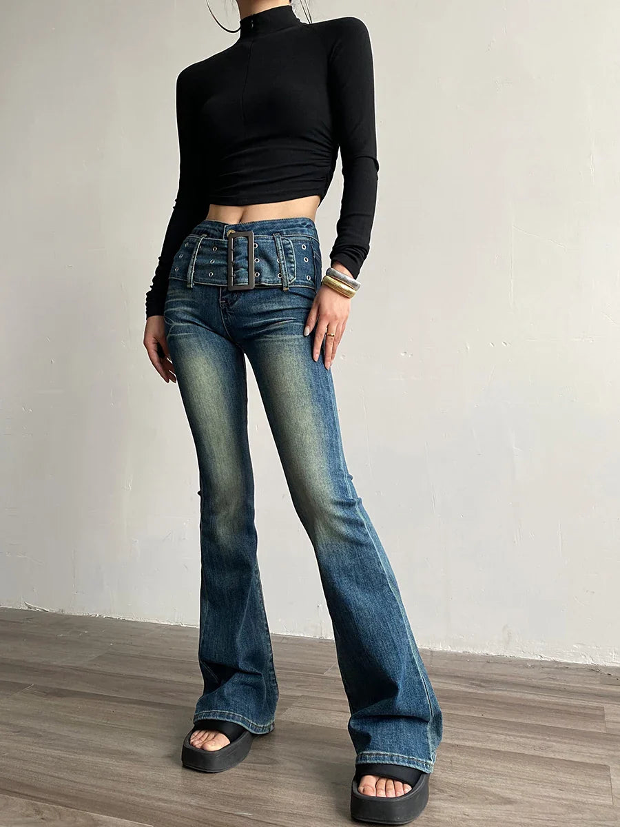 xsrrr 90s Retro Black Blue Belt Flare Jeans for Women Distressed Bootcut Pants High Waist Slim Fit Bell Bottoms Y2k Trousers