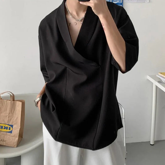 Summer Black White Pullover Shirt Men Fashion Oversized Casual Shirt Men Korean Loose Short Sleeve Shirts Mens Dress Shirt XS