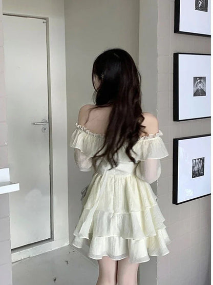 xsrrr Summer Elegant Ruffles Fairy Dress Women Casual Sweet Lolita Party Dress Long Sleeve One Piece Dress Korean Female Fashion