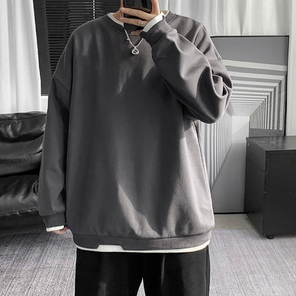 Mens Casual Sweatshirts Hoodie Men Fake Two Pieces Oversized Japanese Streetwear Sweatshirts Man Harajuku O-Neck Hoodie