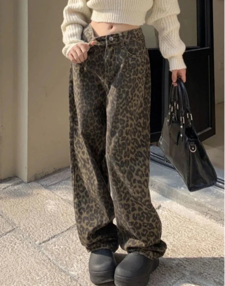 xsrrr Vintage Leopard Print Pantalon Femme Wide Leg Pants Women High Waist Straight Y2k Jeans Casual Fashion Korean  Jean Trousers