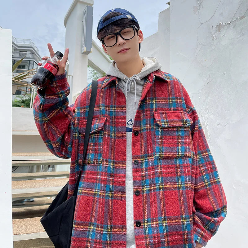 Thick Plaid Woolen Coat Men Warm Oversized Retro Thickened Woolen Jacket Mens Streetwear Korean Loose Short Woolen Coat Men