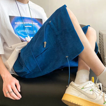 Solid Loose Shorts Summer Straight Wide Leg Casual Pants Oversize Simple Fashion Pocket Drawstring Five Points Pleated Pants Men