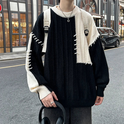 Fashion Autumn Winter Men's Oversize Loose Casual Jumpers Male Round Neck Sweater Tops Men Patchwork Knitted Tops S846