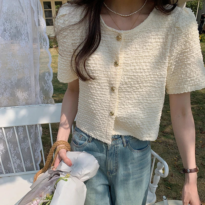 Hnewly Korean Chic O-neck Short Sleeve Shirt Women Fashion Buttons Slim Short Tops Female Blouse Ladies Elegant Summer Blouses