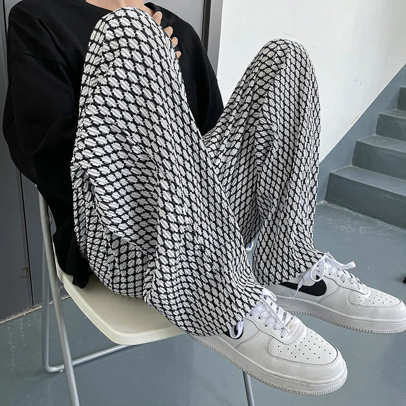 Summer Ice Silk Pants Men Oversized Retro Plaid Pants Men Japanese Streetwear Loose Wide Leg Pants Mens Pleated Trousers M-5XL