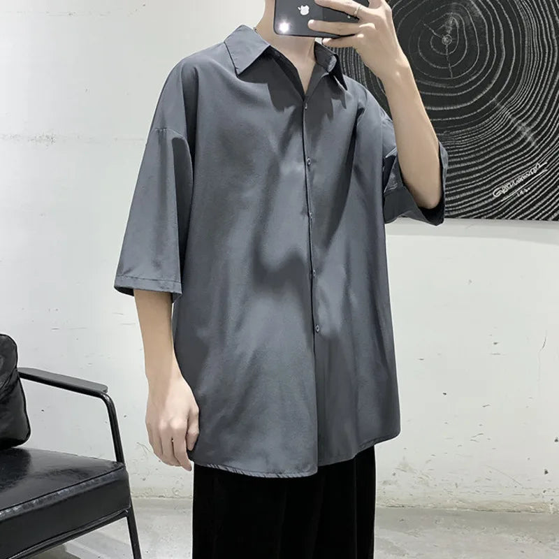 Summer Short Sleeved Shirt Men Oversized Fashion Society Mens Dress Shirt Korean Loose Ice Silk Shirt Mens Office Formal Shirts