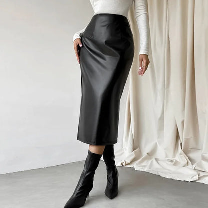 xsrrr Black Leather Skirts Women Fashion High Waist PU Long Skirt Splits Streetwear Autumn Female Elegant Solid Office Casual