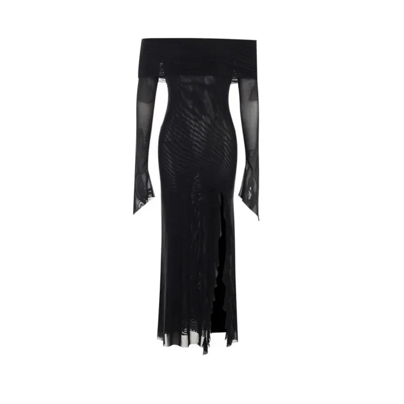 Women Black Sexy Long Dress Off Shoulder Elegant Irregular Ruffle Split Evening Party Dresses Bodycon Gothic Lace Dress