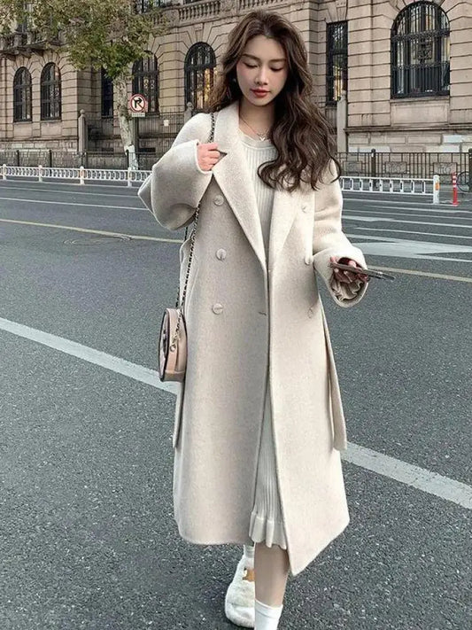 xsrrr Women Solid Lace Up Long Woolen Coat Korean Loose Fashion Double-breasted Lapel Female Autumn Winter Warm Lady Overcoats Popular