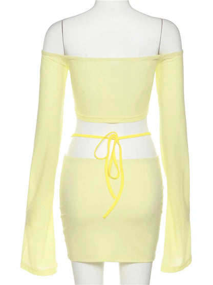 xsrrr Y2K Aesthetics Sexy Co-ord Sets Yellow 2000s Clubwear Off Shoulder Flare Sleeve Crop Tops and Micro Skirt 2 Piece Suits