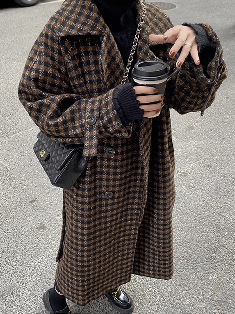 xsrrr Autumn Winter Long Loose Casual Soft Plaid Woolen Coat Women Double Breasted Stylish Chic Luxury Designer Clothes