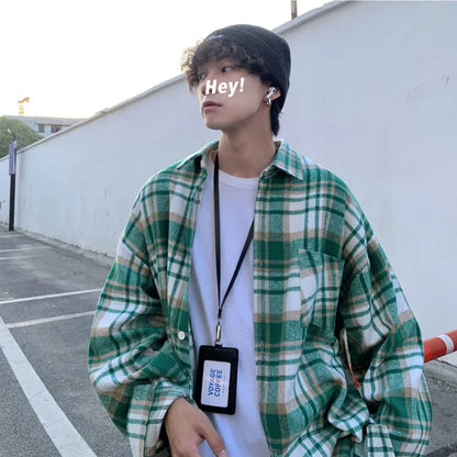 Autumn Thick Woolen Shirt Men Fashion Retro Casual Oversized Plaid Shirts Mens Korean Blue/Green Loose Long-sleeved Shirt Men