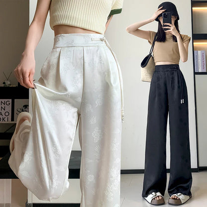 xsrrr New 2024 Spring Summer Wide Leg Loose Pants For Women Black Or White Color Chinese Style High Waist Jacquard Trousers Women