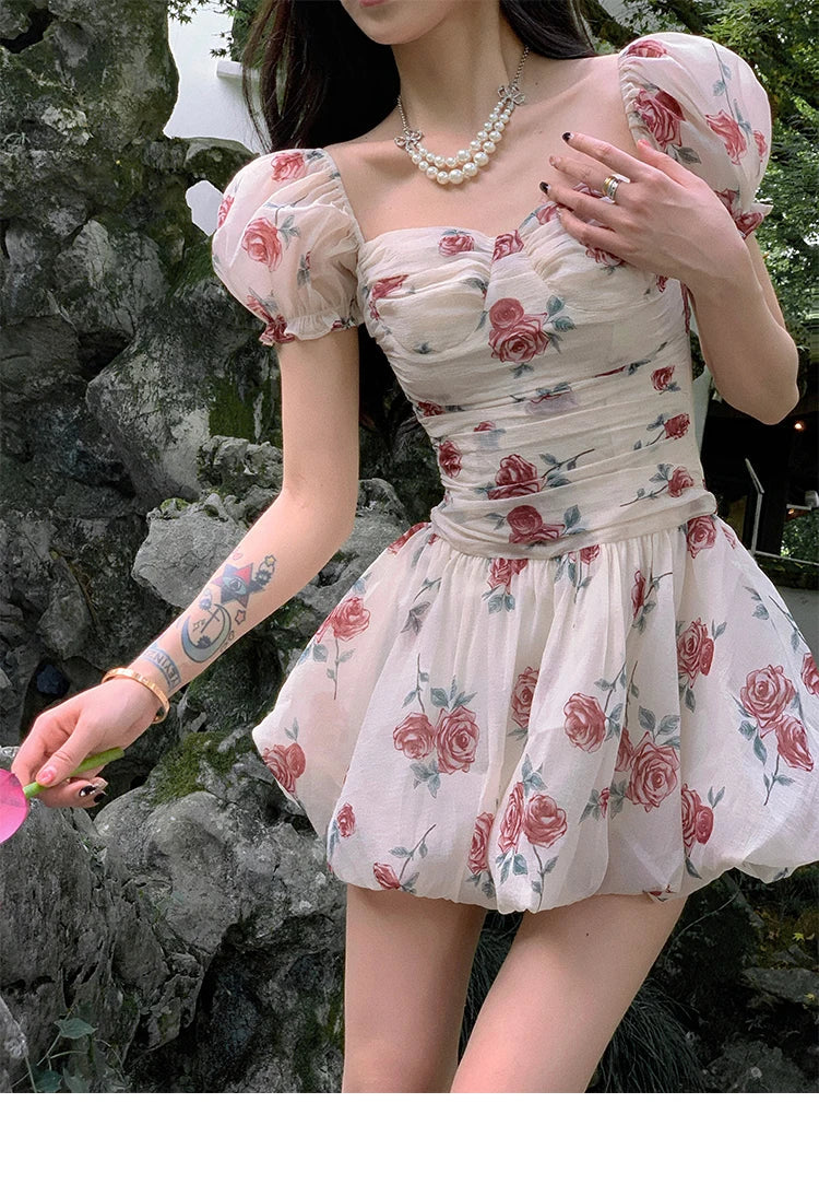 xsrrr Sweet Floral Sexy Strap Dress Women Folds Designer Casual  Mini Fairy Dress Female 2024 Summer Puff Sleeve Korean Princess Dress