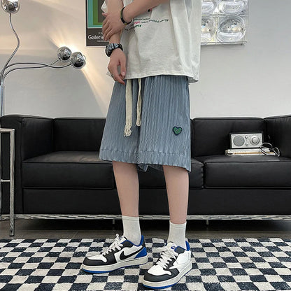 Loose Beach Shorts Thin Summer Sports Straight Wide-leg Casual Pants Oversize Green Label Solid Pleated Five-point Pants Men