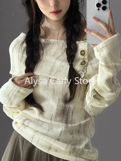 xsrrr French Winter Slim Knitted Pullover Women Slash Neck Long Sleeve Button Thin Sweater Fashion Design Casual Y2k Office Lady Tops