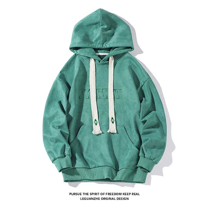 Men's Autumn Loose Hoodies American Retro Dark Green Men Women Suede Jacket Casual Oversize Sweatshirts Tide Hip Hop Hoody 5XL