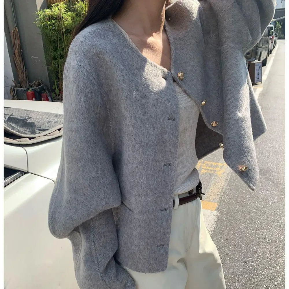 xsrrr Short Woolen Jackets Autumn/Winter Korean-Style Metal Single Breasted Round Neck Loose Rabbit Hair Women Wool Coats