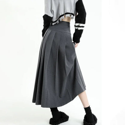 Hnewly Vintage Grey Suit A-line Skirt Women's Spring Autumn College Style High Waist Pleated Mid Length Skirt Femal