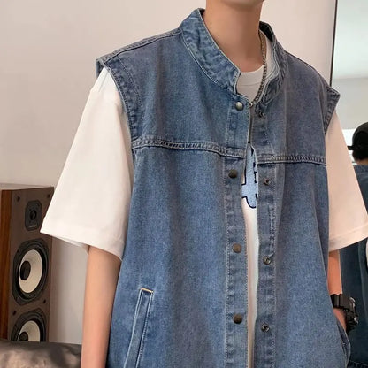 Denim Sleeveless Jacket Men Fashion Oversized Harajuku Denim Jeans Casual Jeans Waistcoat Cowboy Hip Hop Streetwear Clothing