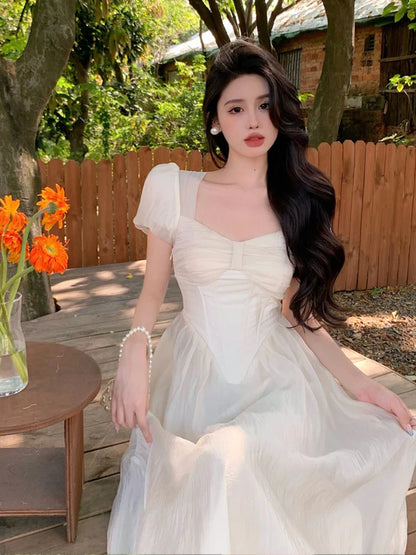 xsrrr DRESS TO IMPRESS Elegant Korean Fairy Dress Women White Sweet Puff Sleeve Casual Dress Female Court Vintage Party Midi Dress 2024 Summer Fashion