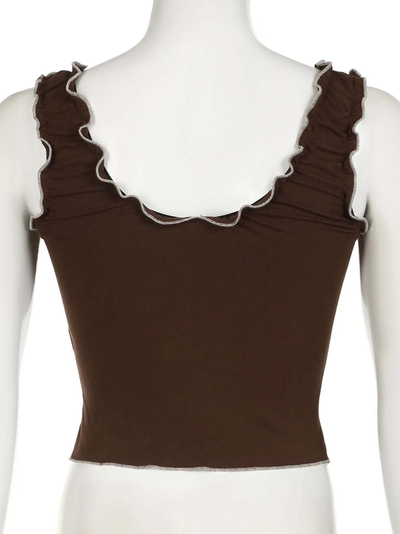 xsrrr Y2K Frill Camisole Women Brown Tie Up Crop Tops Kawaii Sweet Aesthetic Sleeveless Tank Top Female 2000s Coquette Outfit