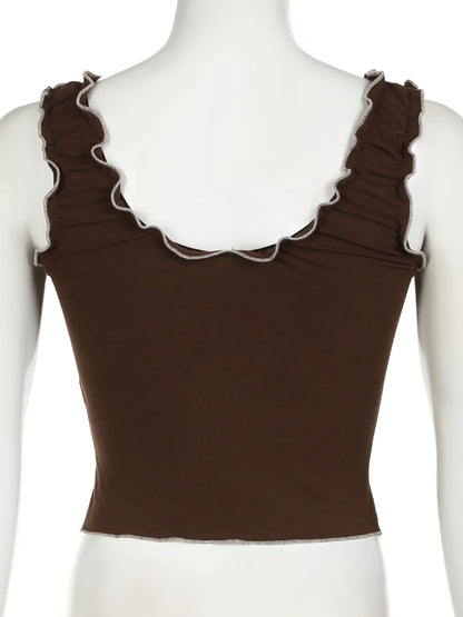 xsrrr Y2K Frill Camisole Women Brown Tie Up Crop Tops Kawaii Sweet Aesthetic Sleeveless Tank Top Female 2000s Coquette Outfit