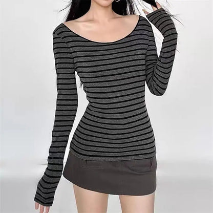 Hnewly Y2K Grunge Emo 00s Vintage T-Shirt Black Grey Striped Off Shoulder Long Sleeve Jumper Top Chic Women Autumn Retro Goth Tee Shirt