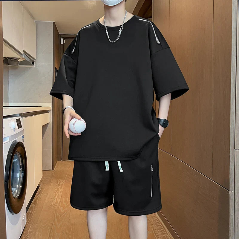 Oversized Tracksuit Men New Korean High Street Fashion Zipper Design T-shirt Shorts Two Pieces Sets Mens Streetwear Men Clothes