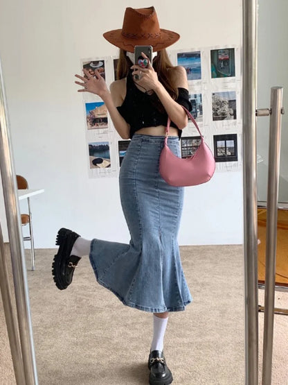 Hnewly Denim Slit Long Skirt Women Korean Fashion Vintage High Waist Bodycon Ruffles Mermaid Midi Skirt Elegant Chic Summer