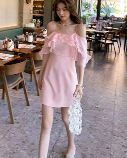 xsrrr DRESS TO IMPRESS Pink Sweet Fairy Dress Women Ruffles Design Sexy Party Mini Dress Female Spring Elegant Princess Casual Korean Strap Dress