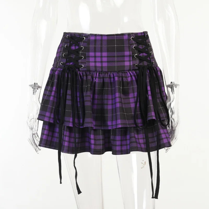 xsrrr Vintage Y2K Punk Sexy High Waist Mini Skirts Purple Plaid Bandage Harajuku Aesthetic Skirt Goth Grunge Cake Skirt Streetwear