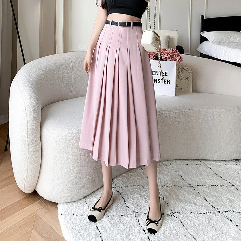 xsrrr Spring Summer High Waist Midi Pleated Skirts Womens Fashion A-line Casual Suit Skirt Ladies Elegant Vintage Umbrella Skirt