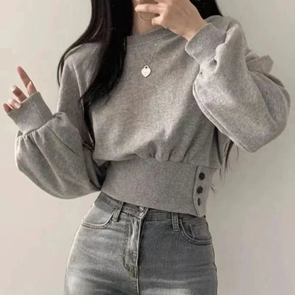 xsrrr FALL OUTFITS Autumn Women Solid O-Neck Slim Crop Top Lantern Sleeve With Button  Sweat Casual Hip-Hop Sporty Pullover Sweet Chic Street Wear