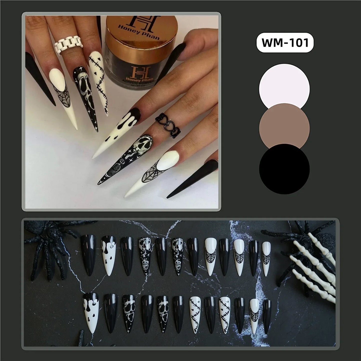 xsrrr 24pcs White Bones Long Pointed Fake Nail Patches Halloween Ghost Spider Webs Press on Nails for Girls Women Wearable Detachable