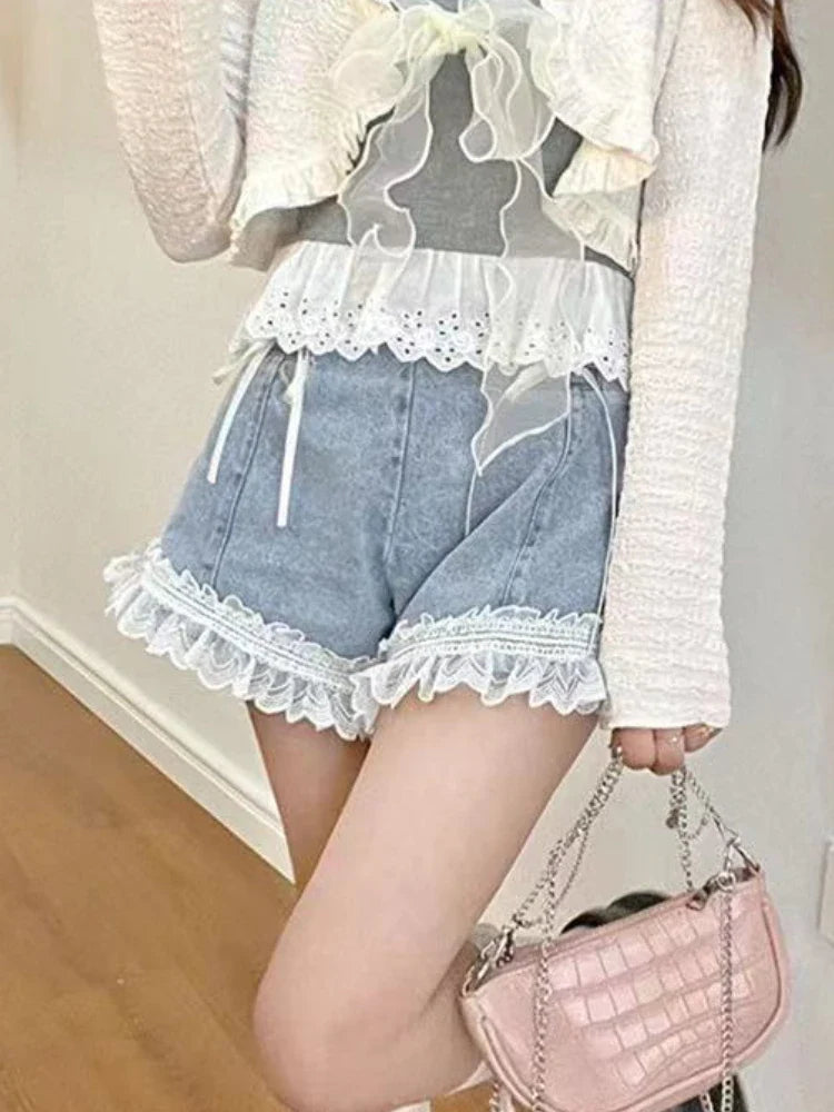 xsrrr Japanese Sweet Lace-up Denim Shorts Women Summer Lace Ruched Elegant Jeans Female Korean Fashion Bow Hight Waist Shorts New