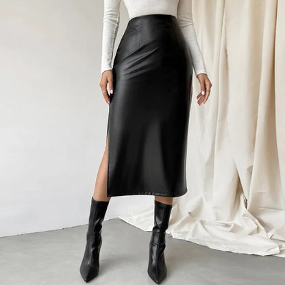 xsrrr Black Leather Skirts Women Fashion High Waist PU Long Skirt Splits Streetwear Autumn Female Elegant Solid Office Casual