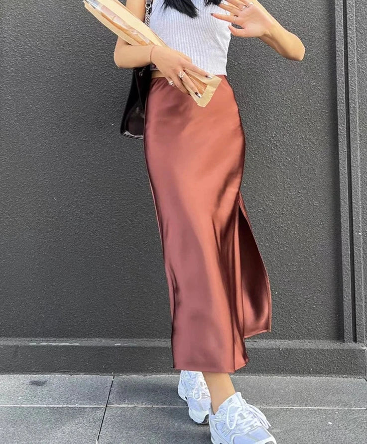 xsrrr Silk Satin Skirts for Women 2024 Summer Casual Style A-line Solid Color Elastic High Waist Side Slit Champagne Skirt