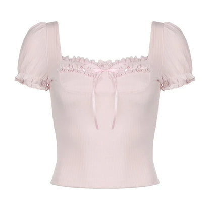 xsrrr Cute Coquette Pink Crop Top Kawaii Ruched Stitching Square Collar White Short Sleeve T Shirts Women Summer Y2k Tees Lady