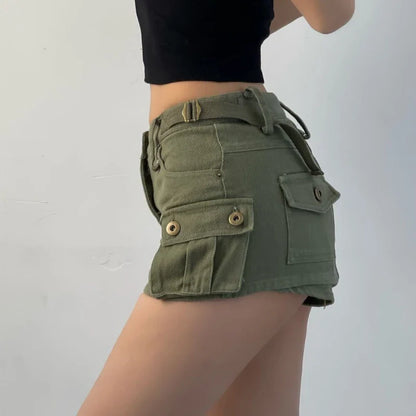 xsrrr Denim Cargo Mini Skirt Women Korean Style Low Waist Slim Sexy Vintage Streetwear Green Jean Skirt Y2k Girl Summer