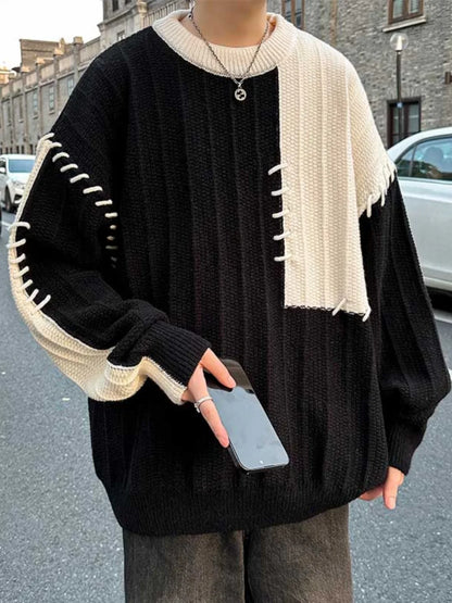 Fashion Autumn Winter Men's Oversize Loose Casual Jumpers Male Round Neck Sweater Tops Men Patchwork Knitted Tops S846